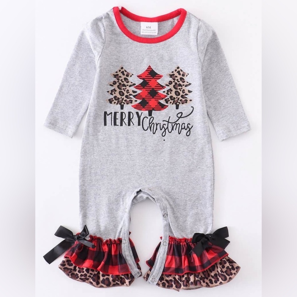 Grey Christmas Tree Ruffle Baby Romper